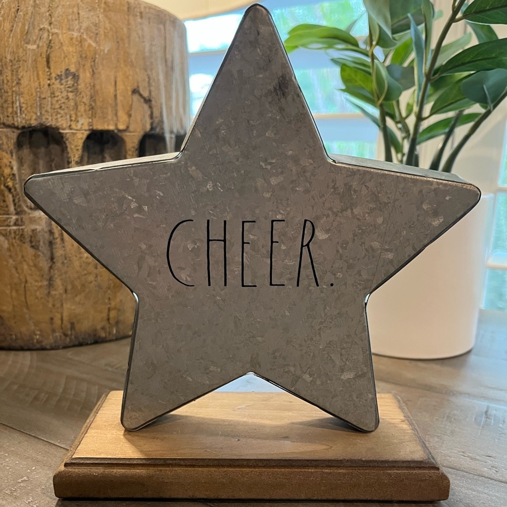 Rae Dunn Galvanized Star Decor with 'Cheer' Inscription on Wood Stand